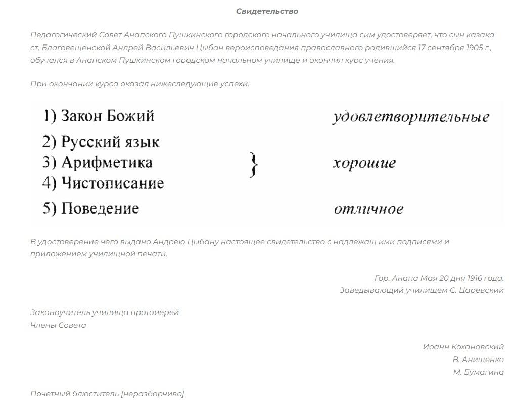 Сохранившиеся свидетельство Андрея Цыбина об окончании курсов в Пушкинской начальной школе Анапы в 1916 году. 