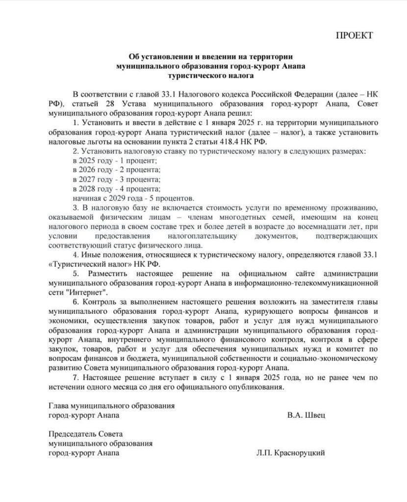 Скрин проекта постановления о введении в Анапе с 2025 года туристического налога для собственников средств размещения.