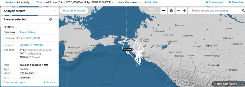 Траектория движения российского танкера Foton с 6 по 13 апреля
